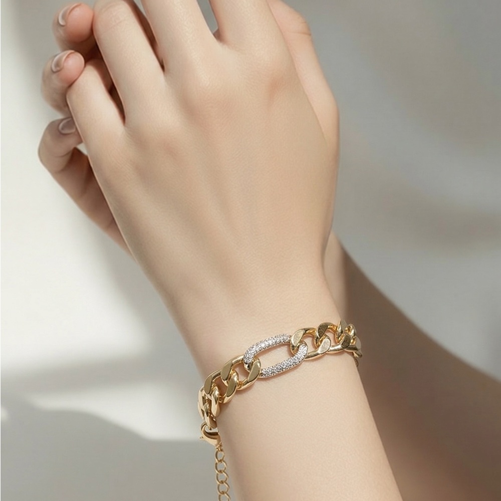 Gold Plated Chain Link Bracelet with Pave Cubic Zircona Stone